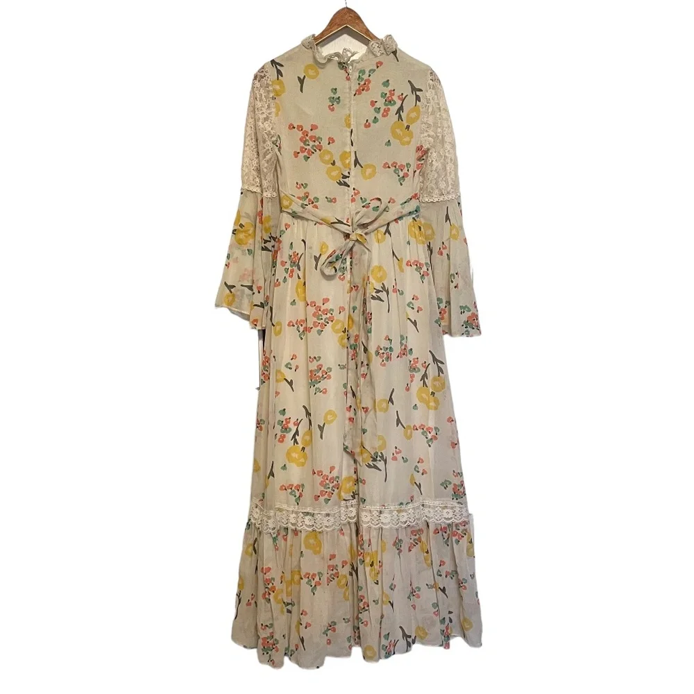 Vintage 70s Empire Waist Bell Sleeve Hippie Boho Lace Floral Prairie Maxi Dress - Picture 6 of 13